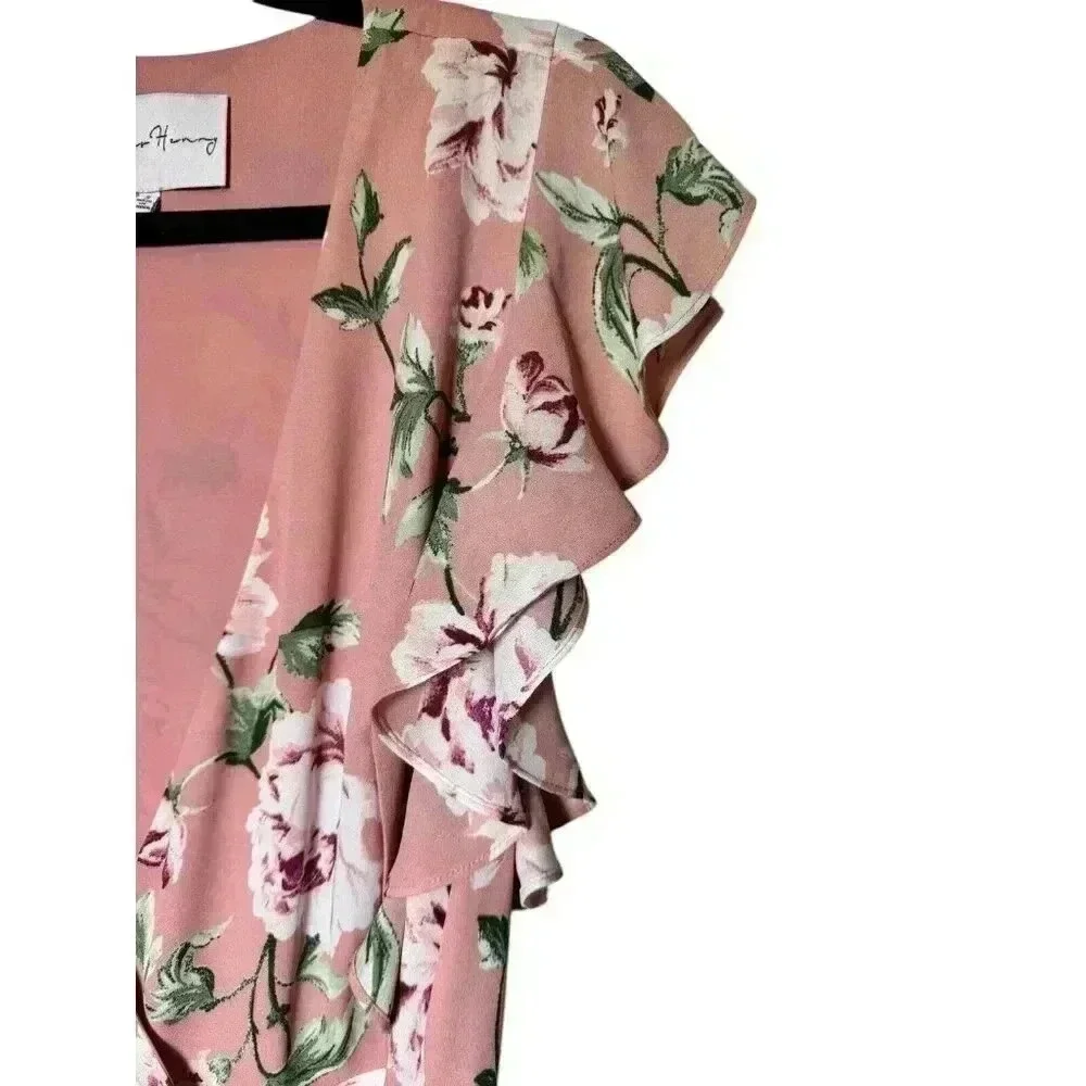 Charles Henry Floral Wrap‎ Dress Size Small Pink Lined Short Flutter Sleeves